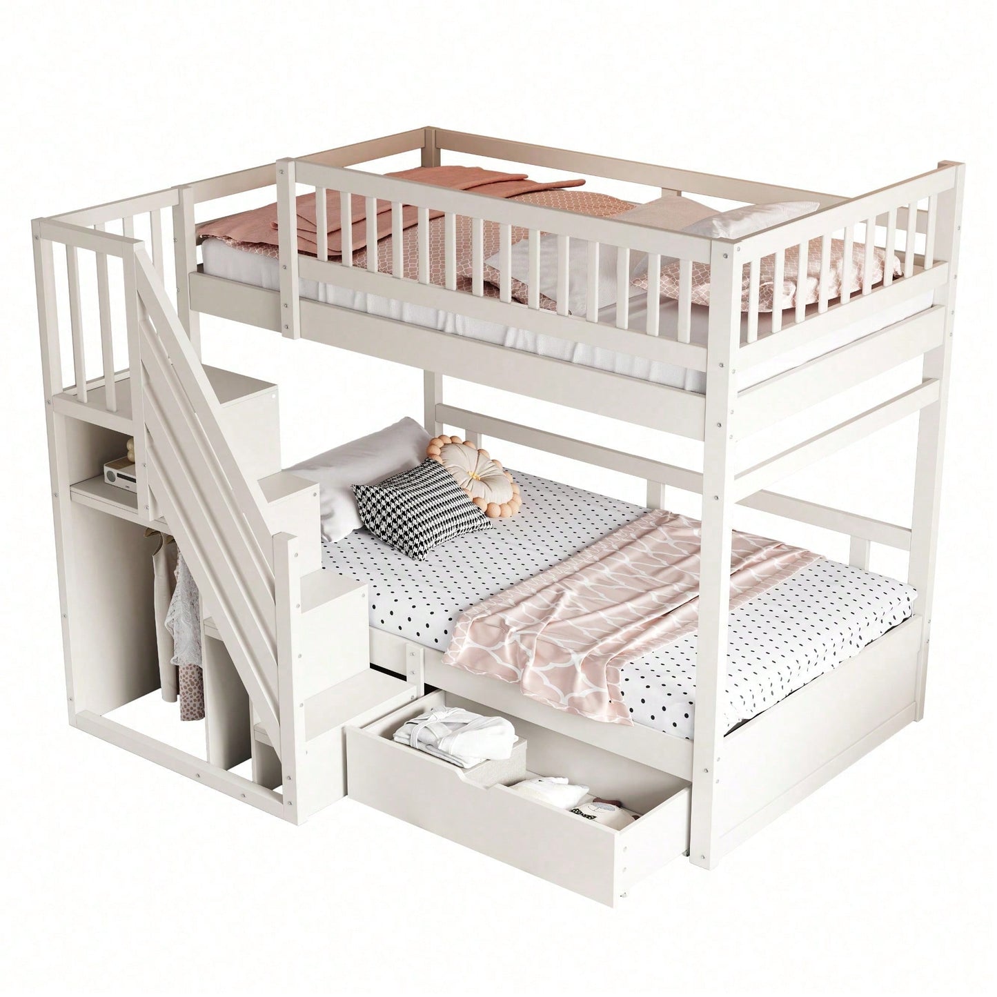 Massivholz-Etagenbett 90*200 cm - Mit hochwertigem Sicherheitsgitter, Lattenrost & praktischer Stauraumleiter - Inkl. Stauschubladen, graues Kinder- & Jugendbett (ohne Matratze)