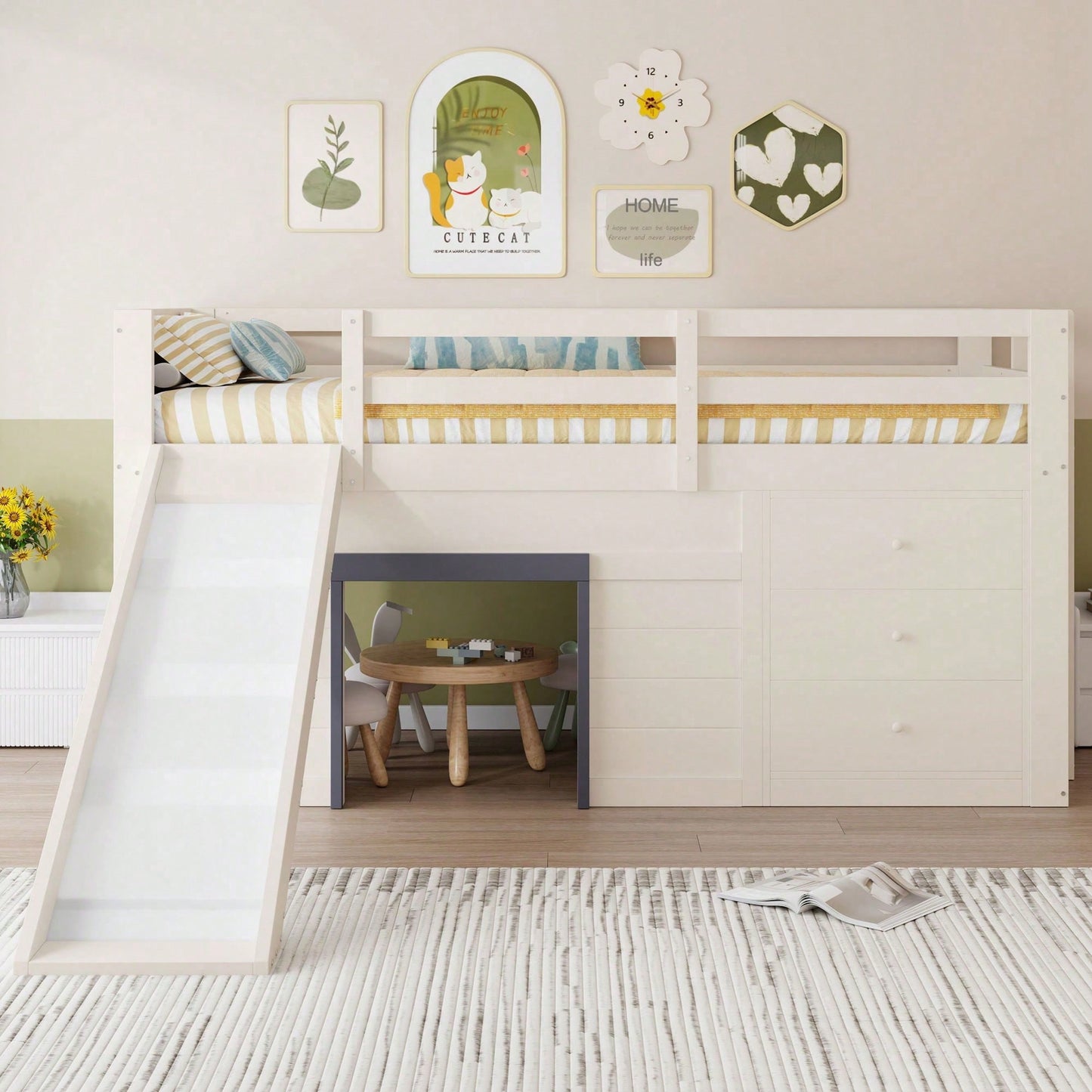90x200cm Niedriges Hochbett mit Rutsche - 3 Schubladen & 2 Türen in Creme | Platzsparendes Kinderbett mit Stauraum