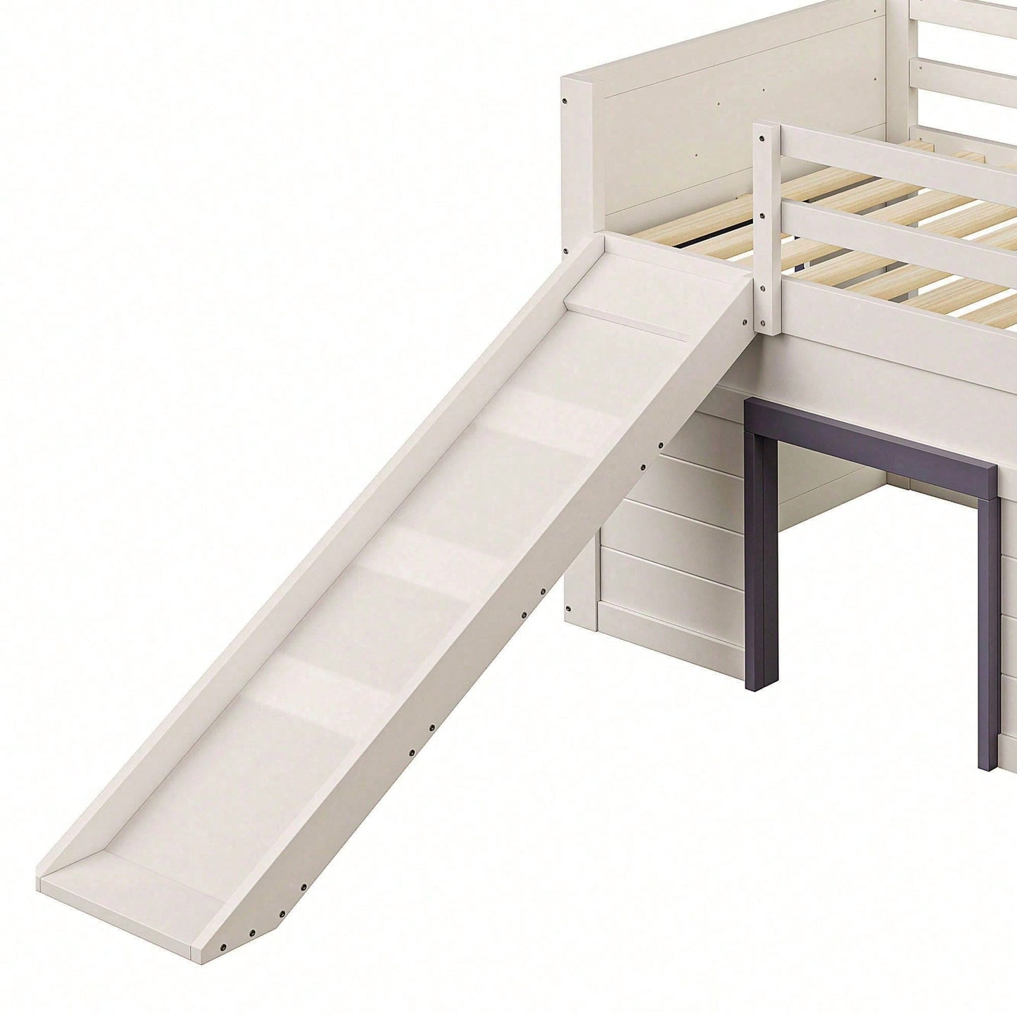 90x200cm Niedriges Hochbett mit Rutsche - 3 Schubladen & 2 Türen in Creme | Platzsparendes Kinderbett mit Stauraum