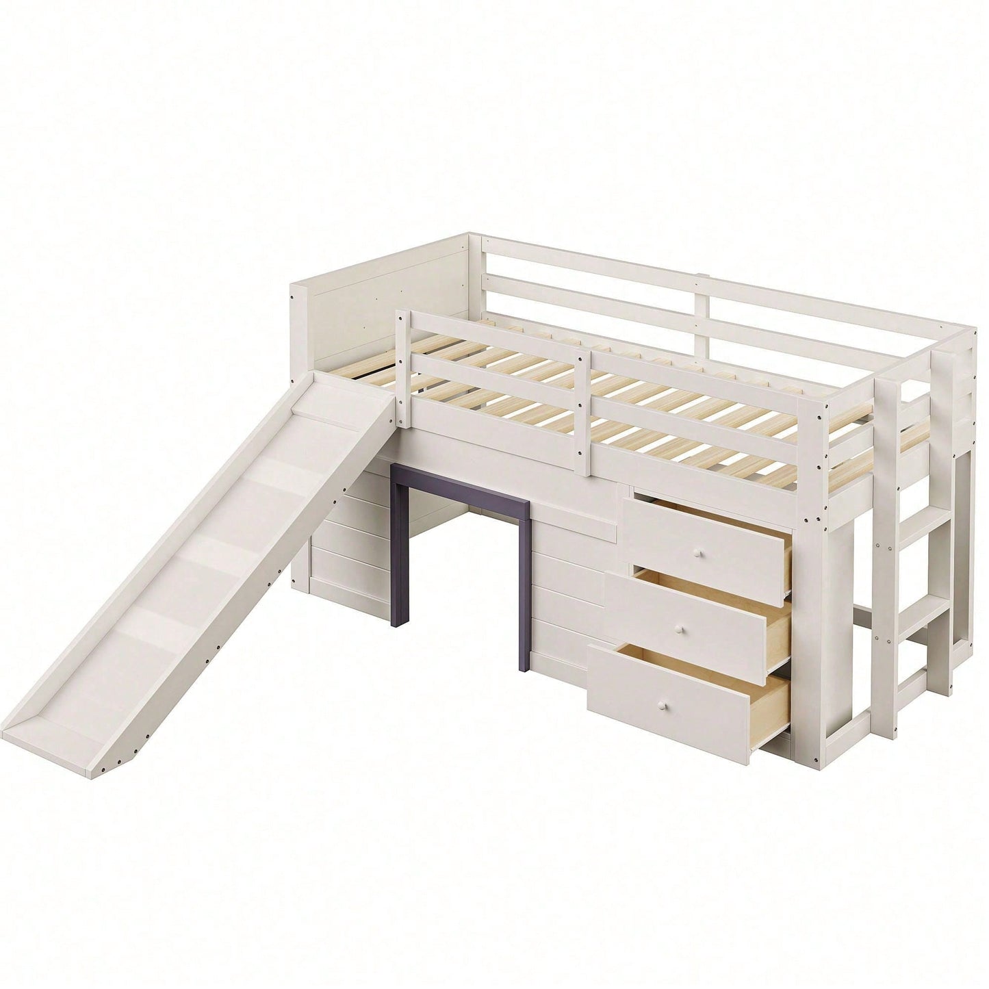 90x200cm Niedriges Hochbett mit Rutsche - 3 Schubladen & 2 Türen in Creme | Platzsparendes Kinderbett mit Stauraum