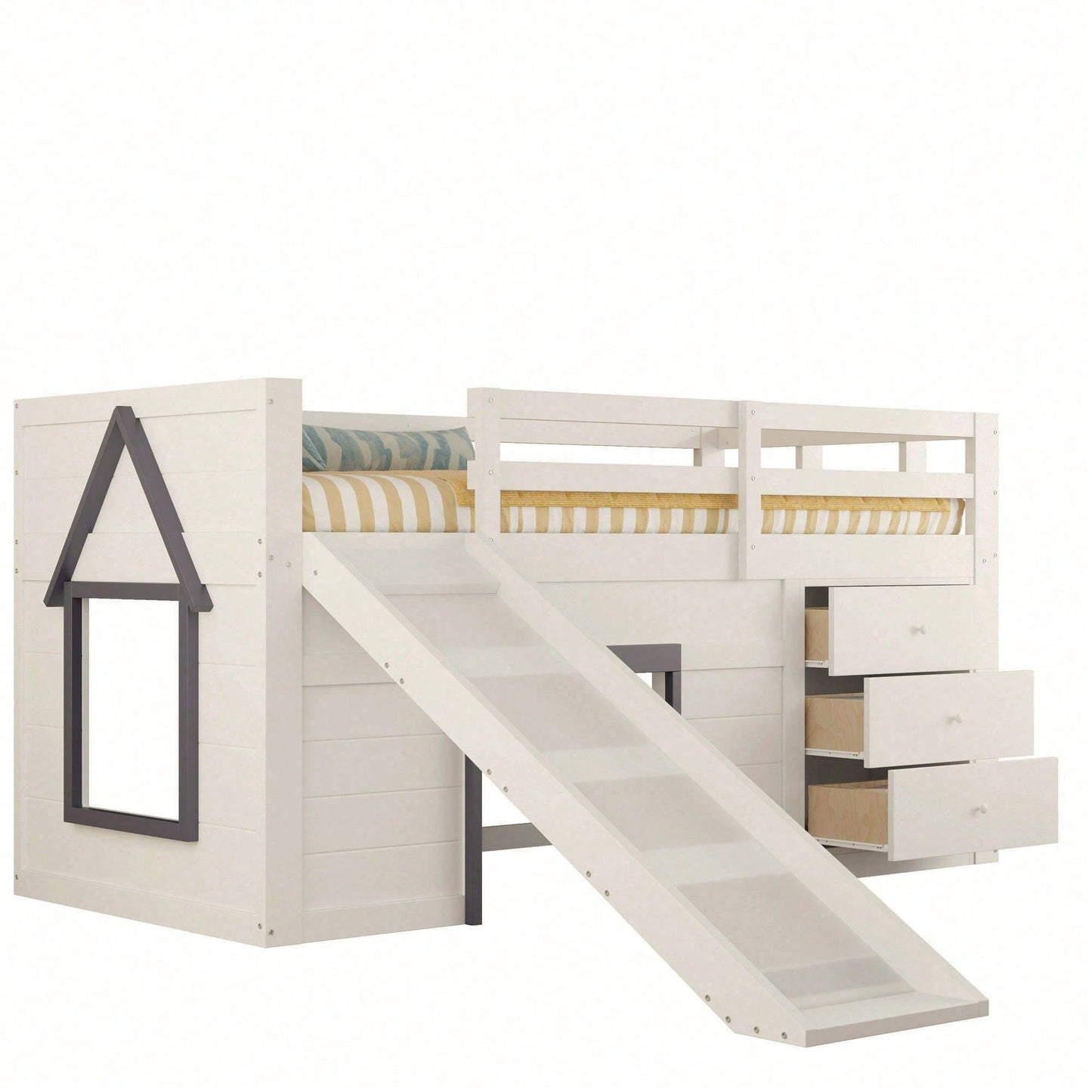 90x200cm Niedriges Hochbett mit Rutsche - 3 Schubladen & 2 Türen in Creme | Platzsparendes Kinderbett mit Stauraum