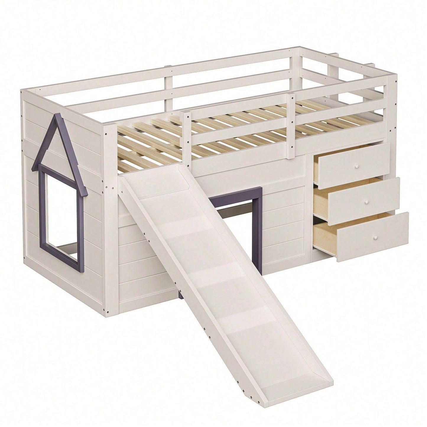 90x200cm Niedriges Hochbett mit Rutsche - 3 Schubladen & 2 Türen in Creme | Platzsparendes Kinderbett mit Stauraum