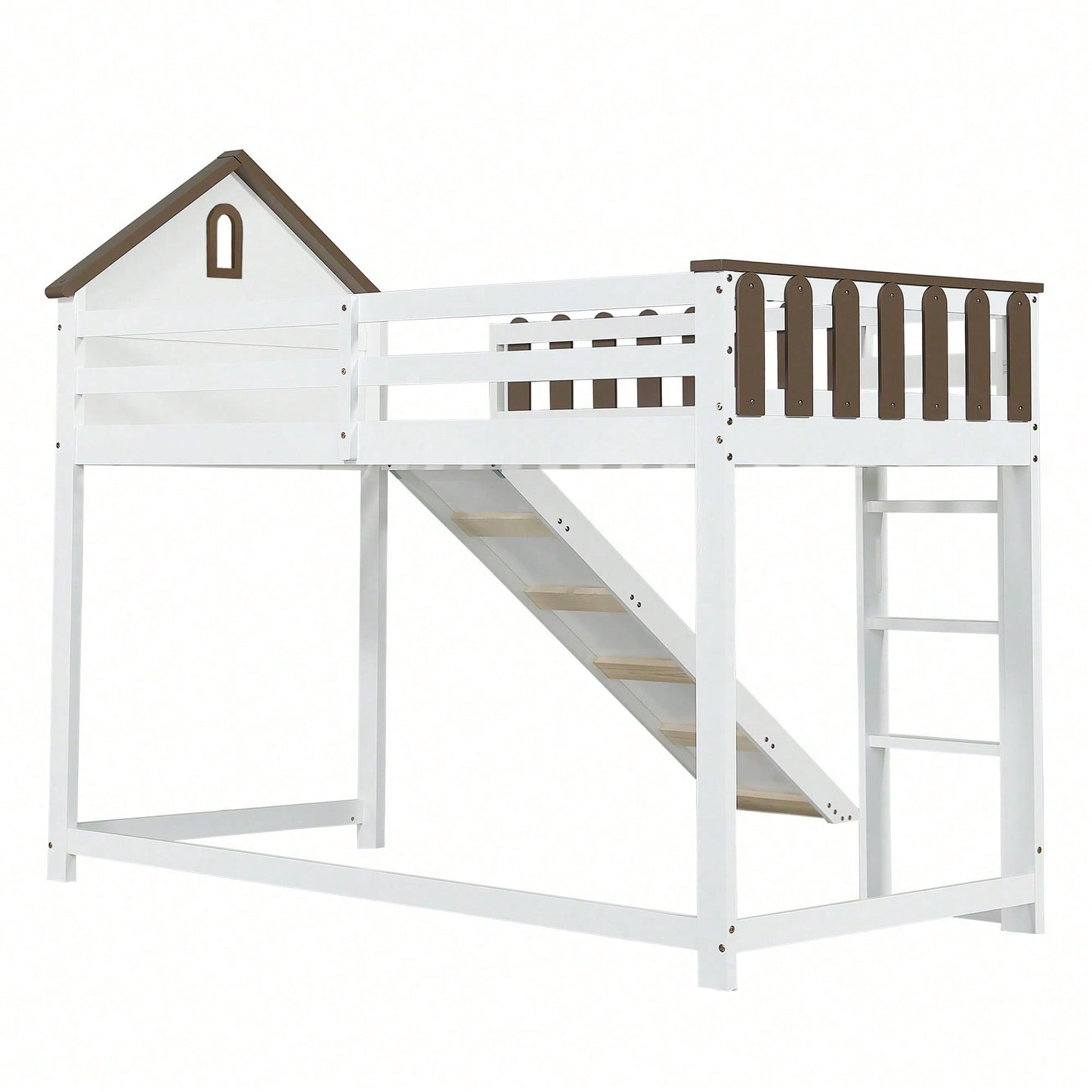 Weißes Hochbett mit Walnuss-Dach & Rutsche – Kinder- & Jugendbett mit Fenster, 3-stufiger Leiter & Spielbereich (Kiefer/MDF, 90x200 cm)