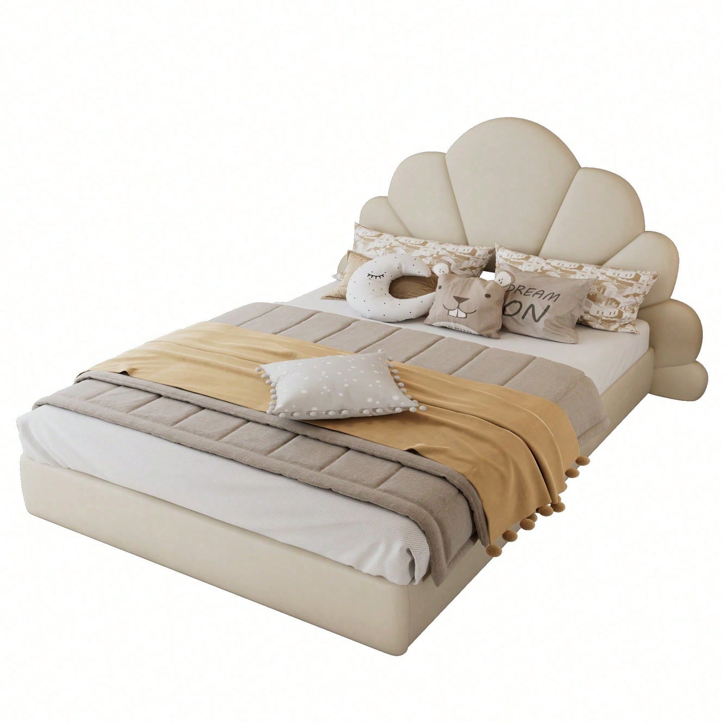 Beiges Samt-Doppelbett mit Blütenblatt-Kopfteil – Modernes Polsterbett 140x200 cm, Elegantes & Bequemes Bettgestell mit Geschwungenem Design