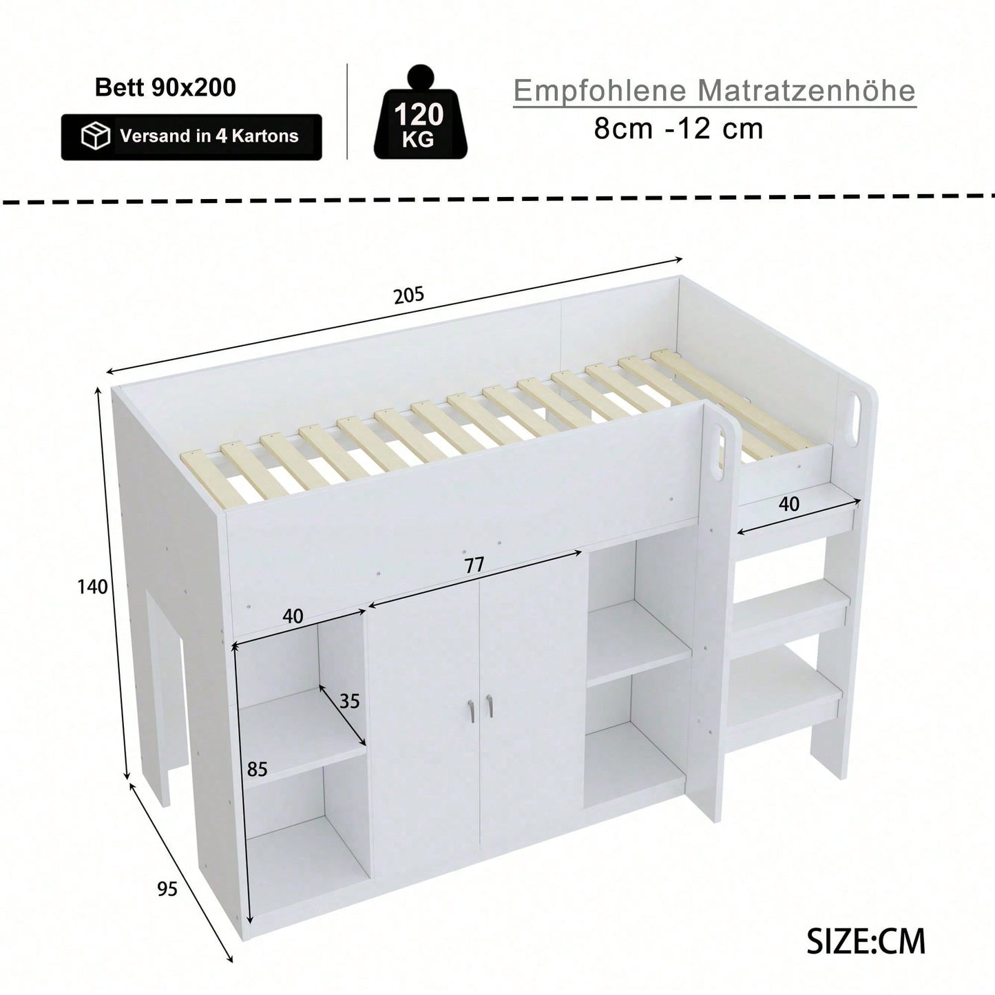 Hochbett 90x200 cm mit Stauraum & Schrank – Multifunktionales Kinderbett mit Regalen, Sicherheitsleiter & stabiler Konstruktion – Weiß