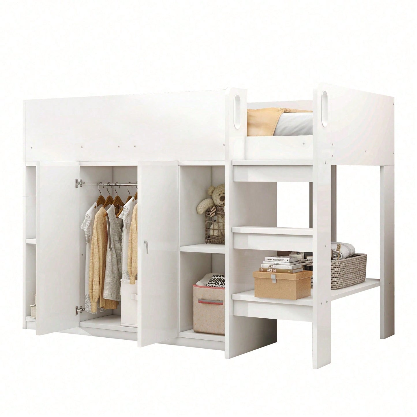 Hochbett 90x200 cm mit Stauraum & Schrank – Multifunktionales Kinderbett mit Regalen, Sicherheitsleiter & stabiler Konstruktion – Weiß
