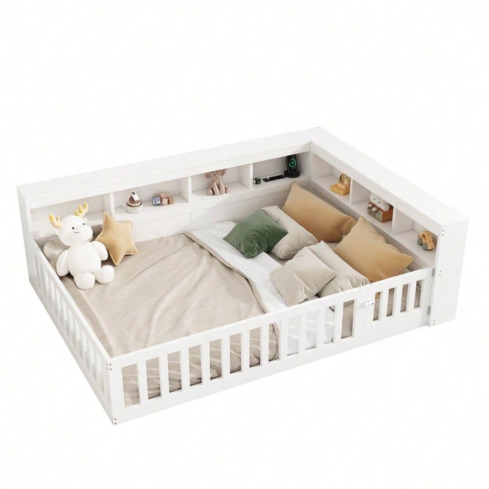 Tagesbett 140x190 cm - Modernes Daybed mit Staufach & USB-Steckdose - Schlafsofa mit Lattenrost (ohne Matratze) & Brüstung - Graues Platzsparbett aus Spanplatte"
