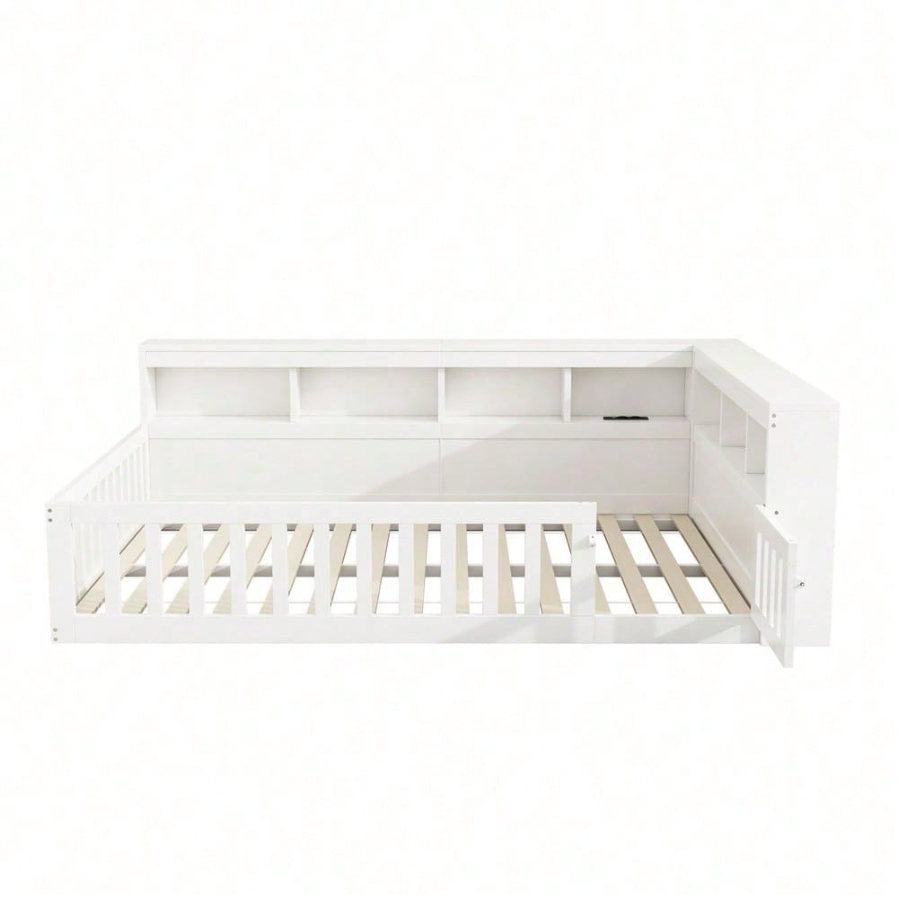 Tagesbett 140x190 cm - Modernes Daybed mit Staufach & USB-Steckdose - Schlafsofa mit Lattenrost (ohne Matratze) & Brüstung - Graues Platzsparbett aus Spanplatte"