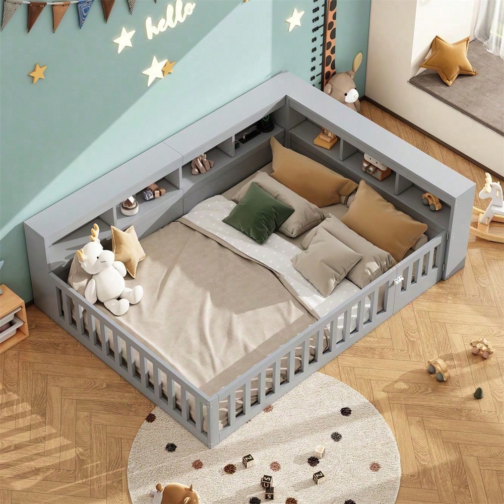 Tagesbett 140x190 cm - Modernes Daybed mit Staufach & USB-Steckdose - Schlafsofa mit Lattenrost (ohne Matratze) & Brüstung - Graues Platzsparbett aus Spanplatte"