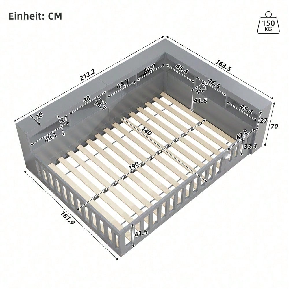 Tagesbett 140x190 cm - Modernes Daybed mit Staufach & USB-Steckdose - Schlafsofa mit Lattenrost (ohne Matratze) & Brüstung - Graues Platzsparbett aus Spanplatte"