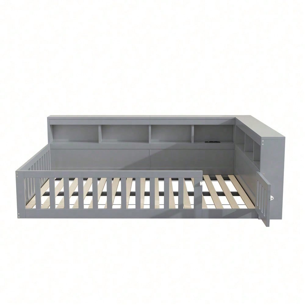 Tagesbett 140x190 cm - Modernes Daybed mit Staufach & USB-Steckdose - Schlafsofa mit Lattenrost (ohne Matratze) & Brüstung - Graues Platzsparbett aus Spanplatte"