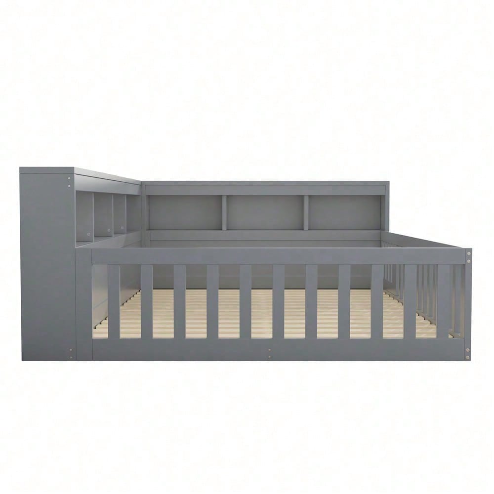 Tagesbett 140x190 cm - Modernes Daybed mit Staufach & USB-Steckdose - Schlafsofa mit Lattenrost (ohne Matratze) & Brüstung - Graues Platzsparbett aus Spanplatte"
