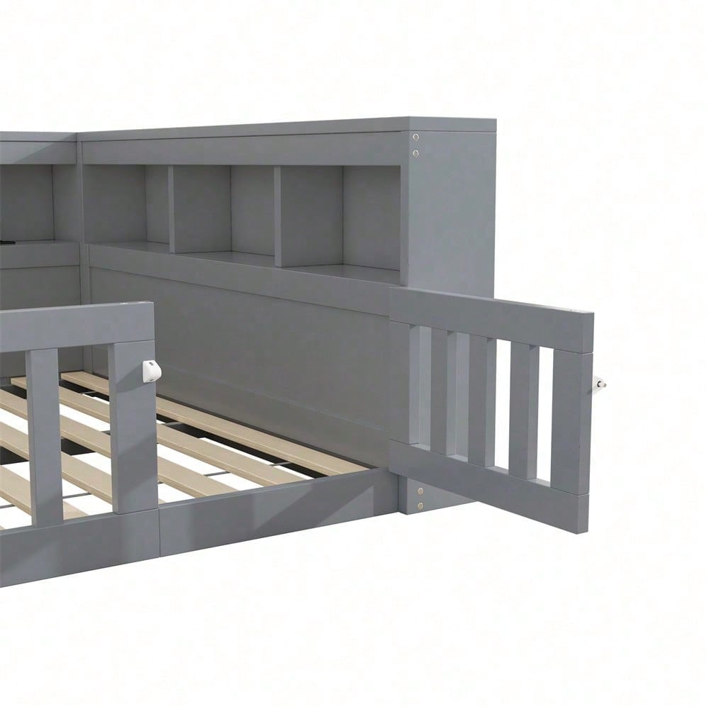 Tagesbett 140x190 cm - Modernes Daybed mit Staufach & USB-Steckdose - Schlafsofa mit Lattenrost (ohne Matratze) & Brüstung - Graues Platzsparbett aus Spanplatte"