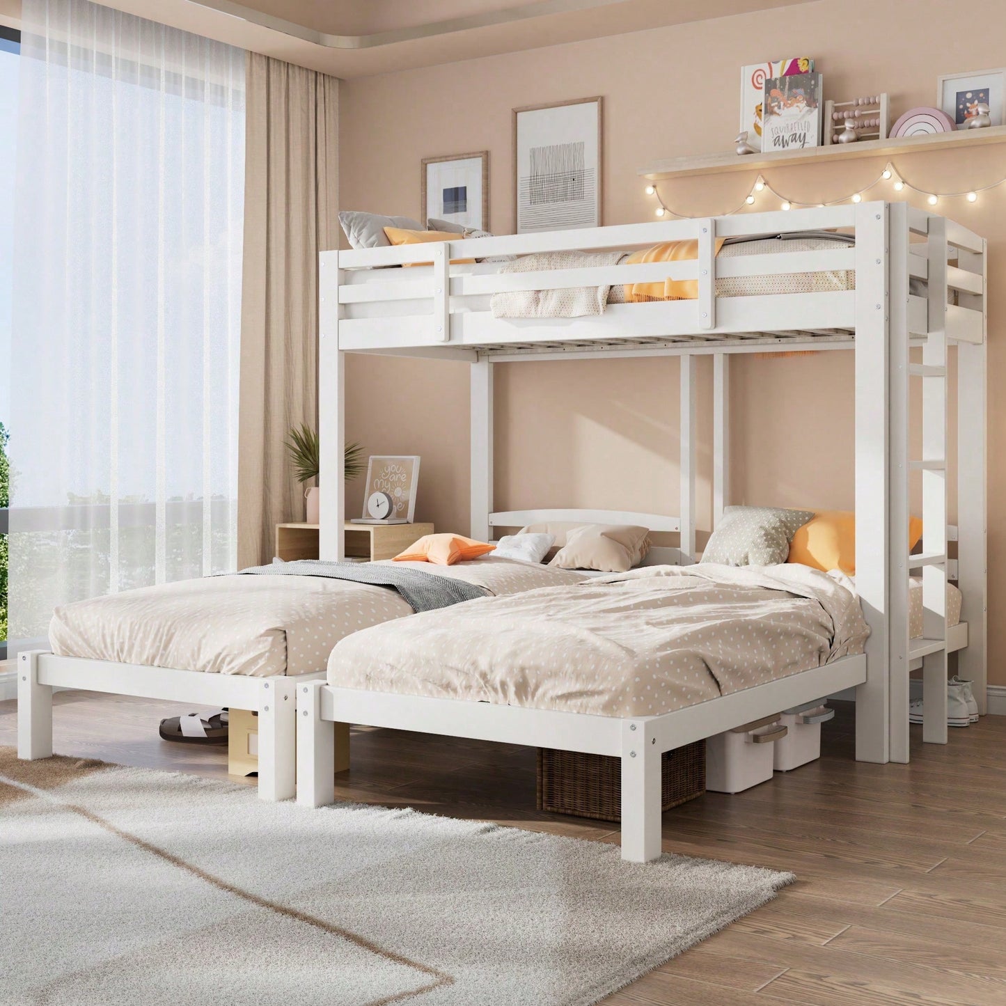 Etagenbett Dreierbett für Kinder & Jugendliche – Dreifaches Hochbett mit Seitenleiter, stabil & platzsparend – Weiß
