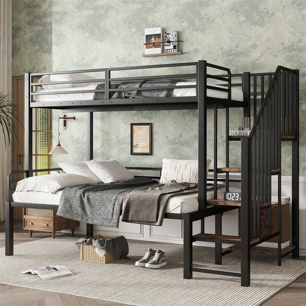 Schwarzes Etagenbett mit Vintage-Holzoptik - Metall+MDF, Eckleiterschrank & Stauraum - 90x200cm & 120x200cm