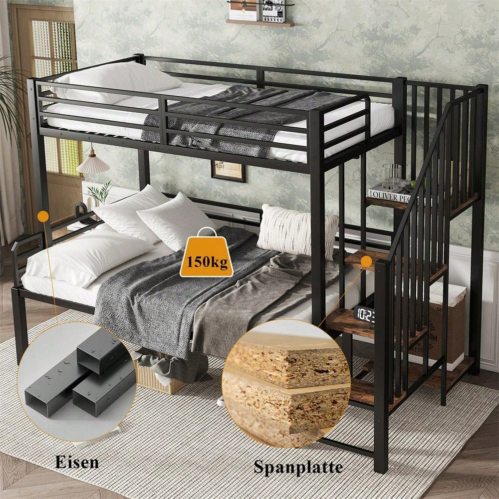 Schwarzes Etagenbett mit Vintage-Holzoptik - Metall+MDF, Eckleiterschrank & Stauraum - 90x200cm & 120x200cm