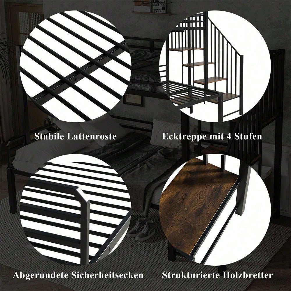Schwarzes Etagenbett mit Vintage-Holzoptik - Metall+MDF, Eckleiterschrank & Stauraum - 90x200cm & 120x200cm