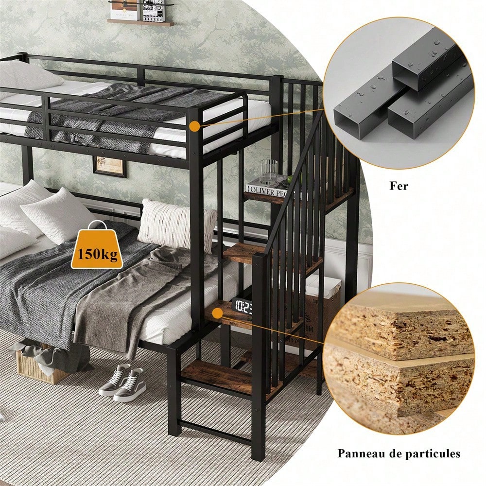 Schwarzes Etagenbett mit Vintage-Holzoptik - Metall+MDF, Eckleiterschrank & Stauraum - 90x200cm & 120x200cm