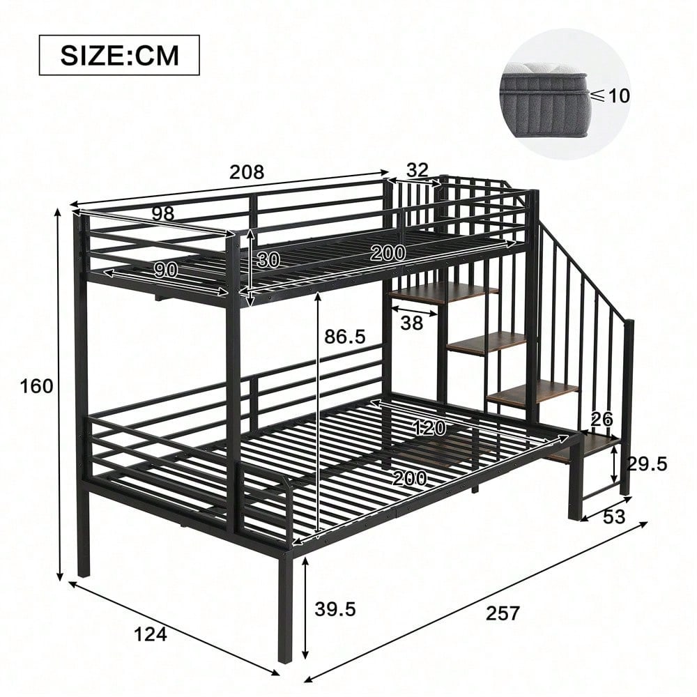 Schwarzes Etagenbett mit Vintage-Holzoptik - Metall+MDF, Eckleiterschrank & Stauraum - 90x200cm & 120x200cm