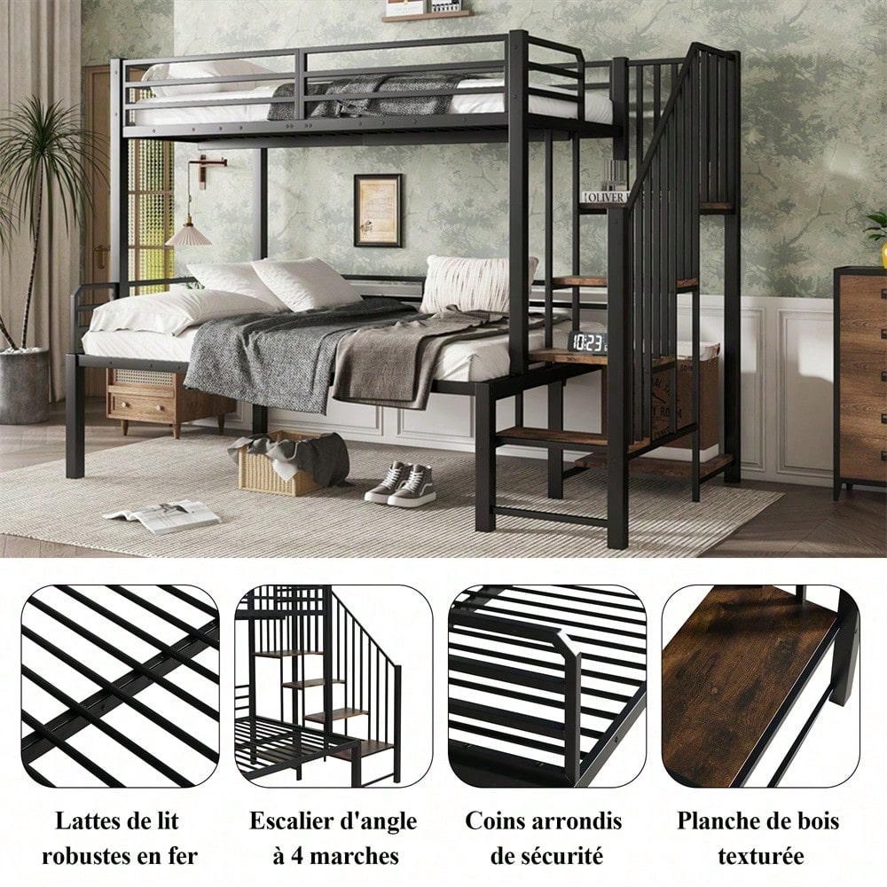Schwarzes Etagenbett mit Vintage-Holzoptik - Metall+MDF, Eckleiterschrank & Stauraum - 90x200cm & 120x200cm