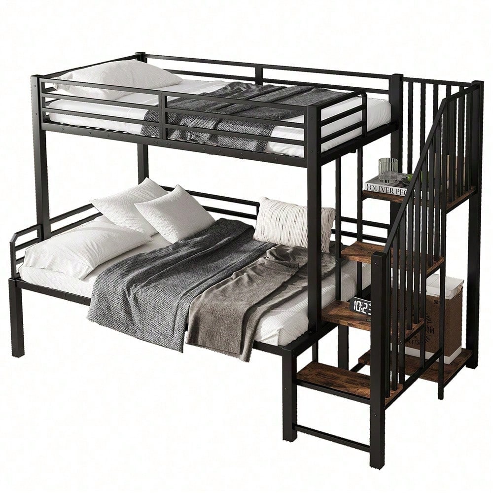 Schwarzes Etagenbett mit Vintage-Holzoptik - Metall+MDF, Eckleiterschrank & Stauraum - 90x200cm & 120x200cm