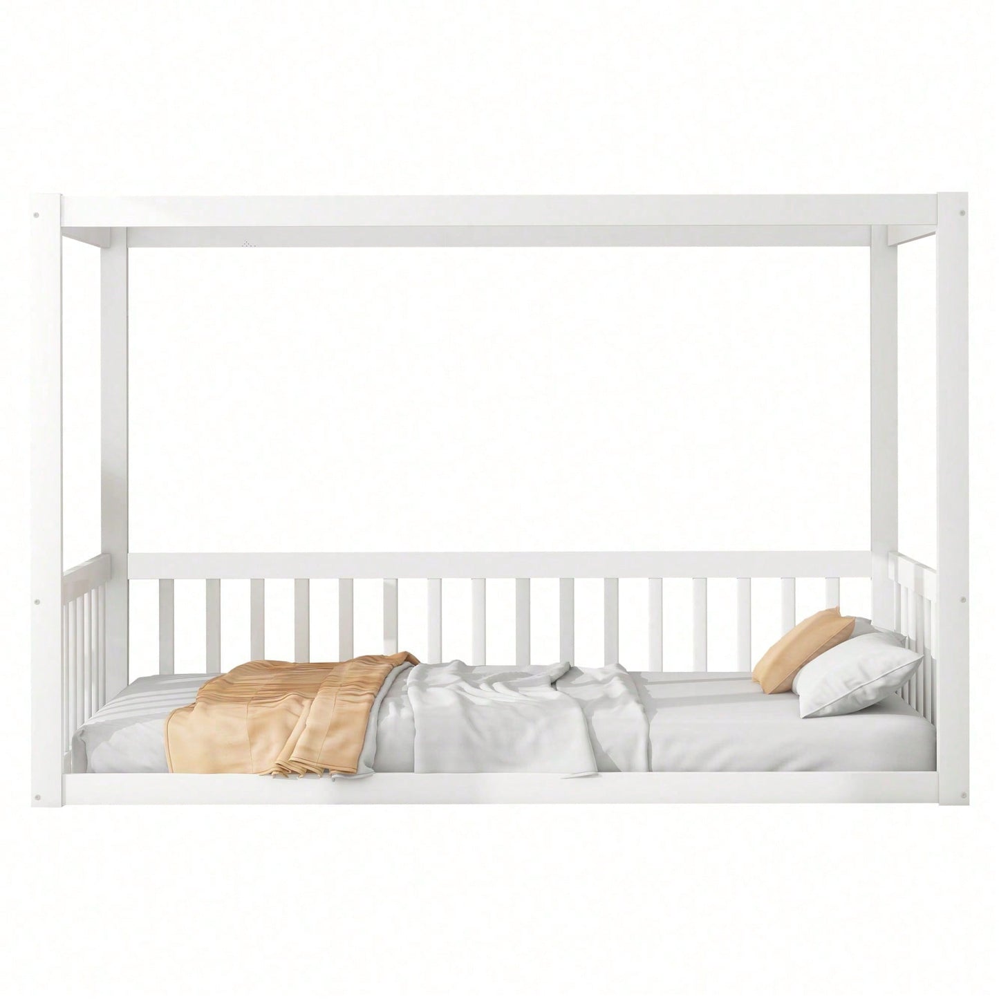 Kinder-Standbett 90 x 200 cm, Himmelbett Massivholz Bettgestell für Kinder Jugendliche Weiß