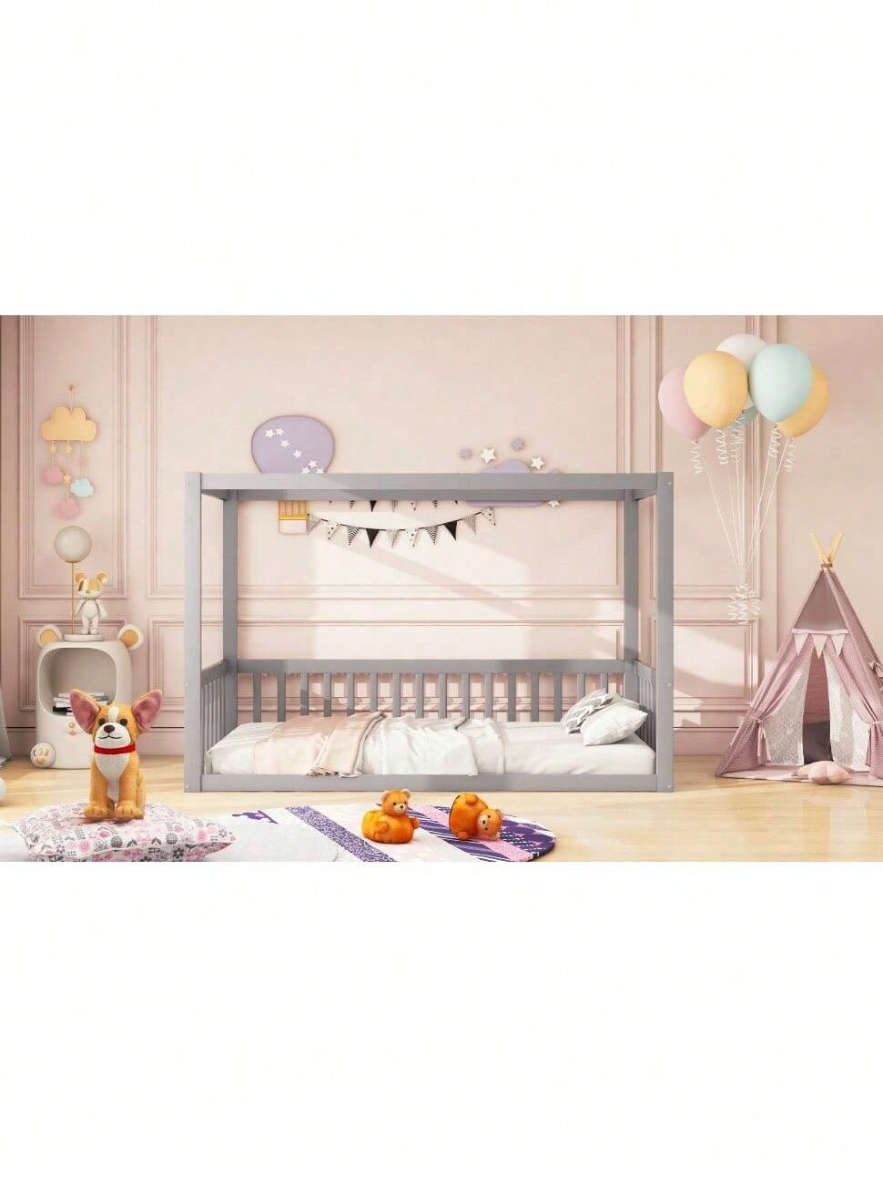 Kinder-Standbett 90 x 200 cm, Himmelbett Massivholz Bettgestell für Kinder Jugendliche Weiß