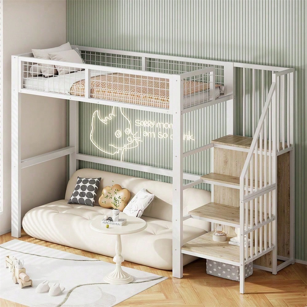 Hochbett 90x200 mit integriertem Kleiderschrank & Regal – Metallrahmen, sicher & platzsparend