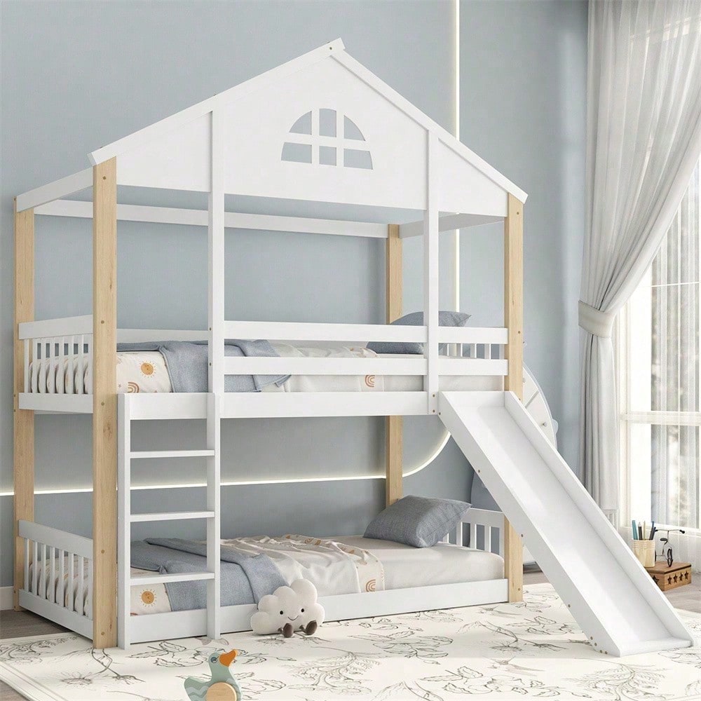 Etagenbett mit charakteristischen Fenstern und dreistufige Winkelzugleiter, Kinderbett mit Rutsche, Hausbett mit Zäunen und Fallschutz, Bettrahmen aus Massivholz, Weiß+Natur, 90x200cm