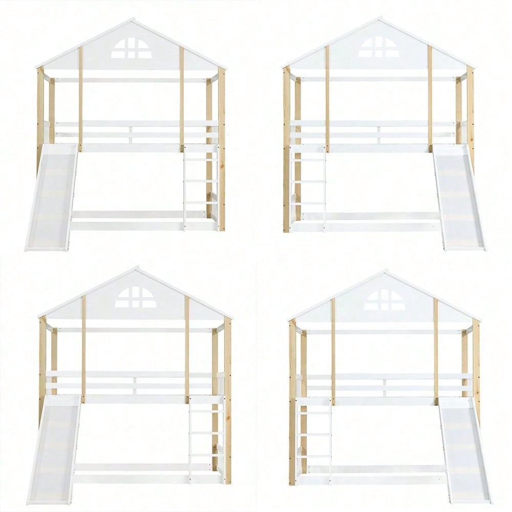 Etagenbett mit charakteristischen Fenstern und dreistufige Winkelzugleiter, Kinderbett mit Rutsche, Hausbett mit Zäunen und Fallschutz, Bettrahmen aus Massivholz, Weiß+Natur, 90x200cm
