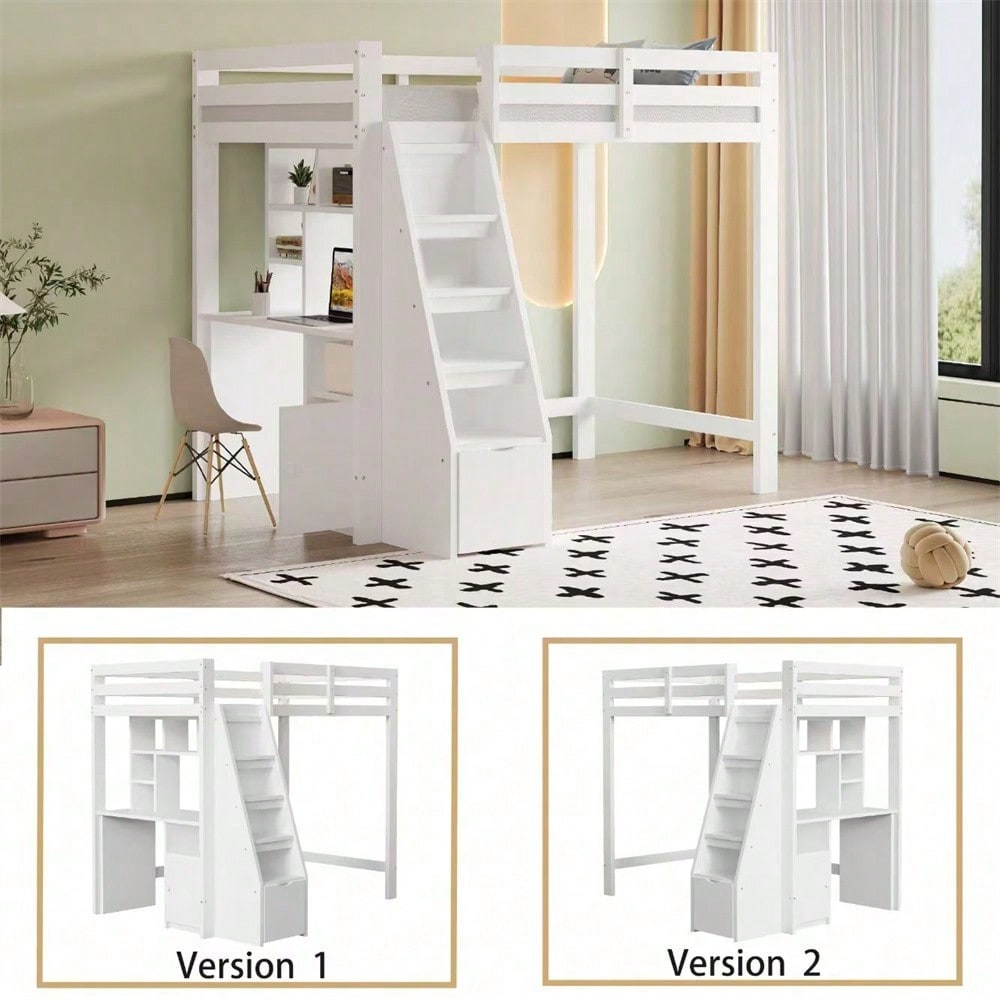Hochbett 90x200 cm mit Schreibtisch & Regalen - Massivholz-Kinderbett mit Sicherheitsleiter, Schubladen & Schrank in Weiß