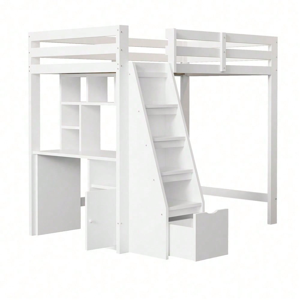 Hochbett 90x200 cm mit Schreibtisch & Regalen - Massivholz-Kinderbett mit Sicherheitsleiter, Schubladen & Schrank in Weiß