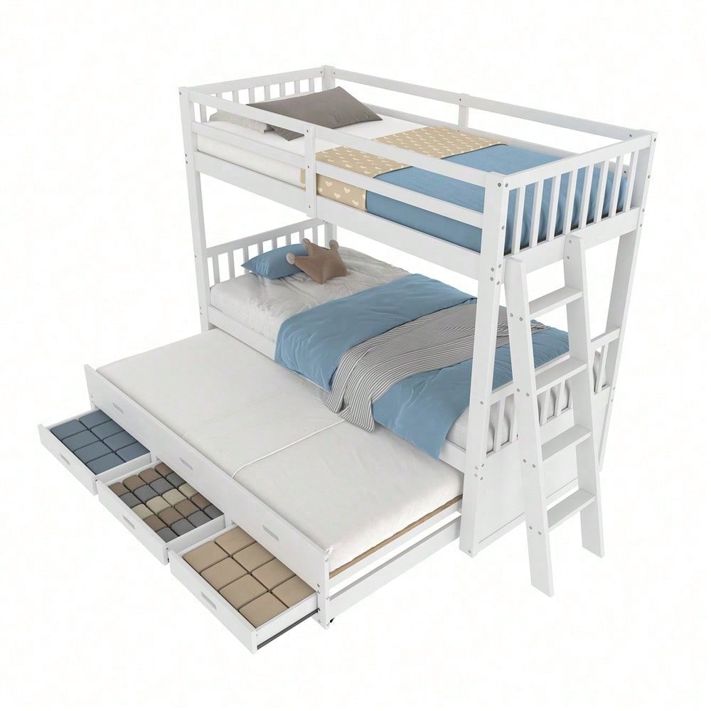 Etagenbett 90x200cm, Kinderbett, Hausbett für Mädchen und Jungen, Bettgestell aus Kiefernholz und MDF mit Leiter undausziehbarem Bett und 3 Schubladen , Ohne Matratze, Grau