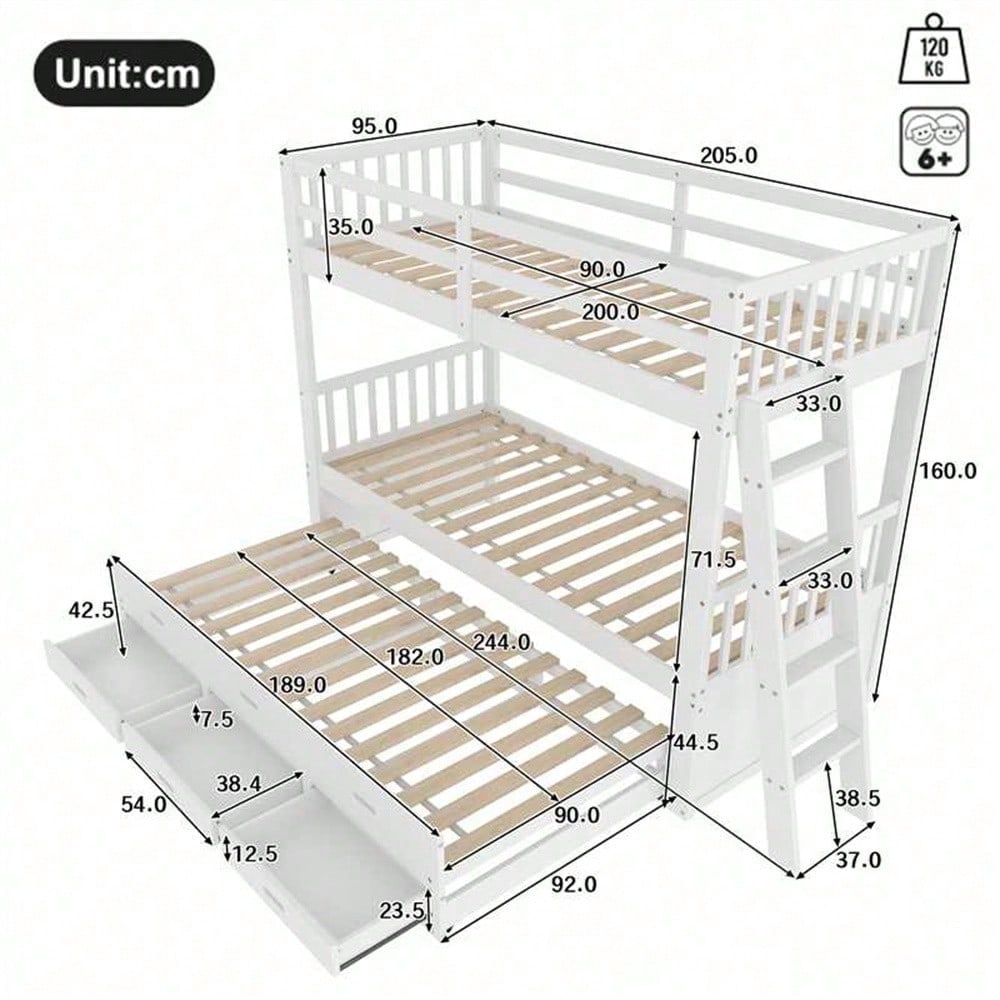Etagenbett 90x200cm, Kinderbett, Hausbett für Mädchen und Jungen, Bettgestell aus Kiefernholz und MDF mit Leiter undausziehbarem Bett und 3 Schubladen , Ohne Matratze, Grau