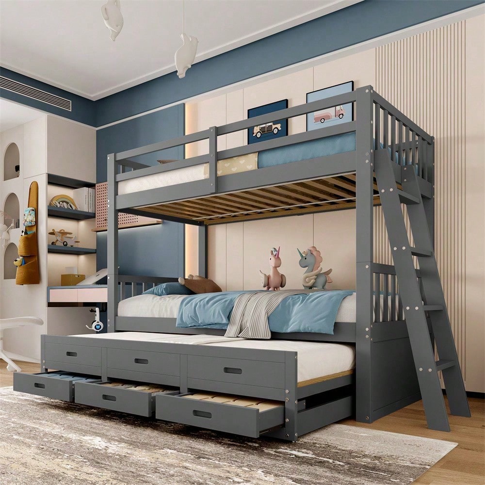 Etagenbett 90x200cm, Kinderbett, Hausbett für Mädchen und Jungen, Bettgestell aus Kiefernholz und MDF mit Leiter undausziehbarem Bett und 3 Schubladen , Ohne Matratze, Grau