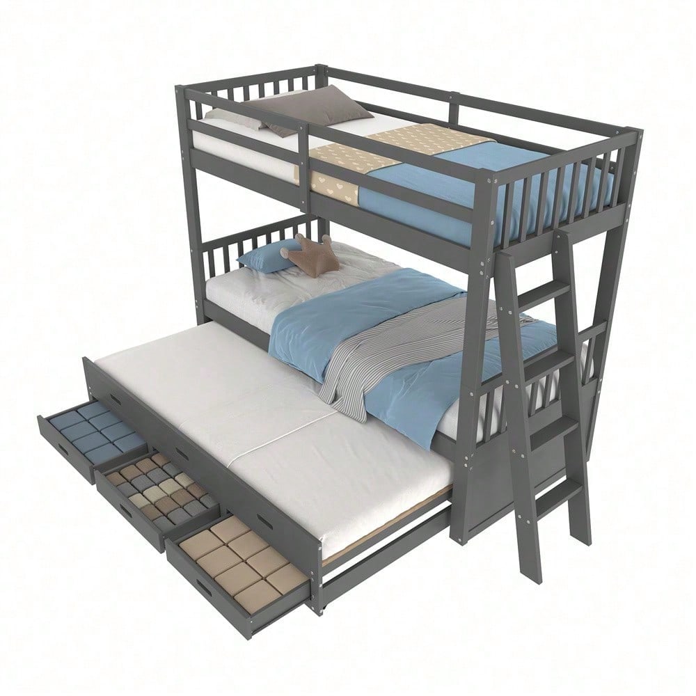 Etagenbett 90x200cm, Kinderbett, Hausbett für Mädchen und Jungen, Bettgestell aus Kiefernholz und MDF mit Leiter undausziehbarem Bett und 3 Schubladen , Ohne Matratze, Grau