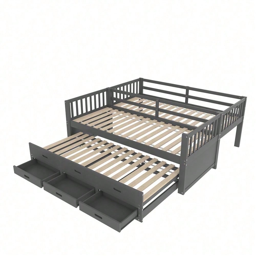 Etagenbett 90x200cm, Kinderbett, Hausbett für Mädchen und Jungen, Bettgestell aus Kiefernholz und MDF mit Leiter undausziehbarem Bett und 3 Schubladen , Ohne Matratze, Grau