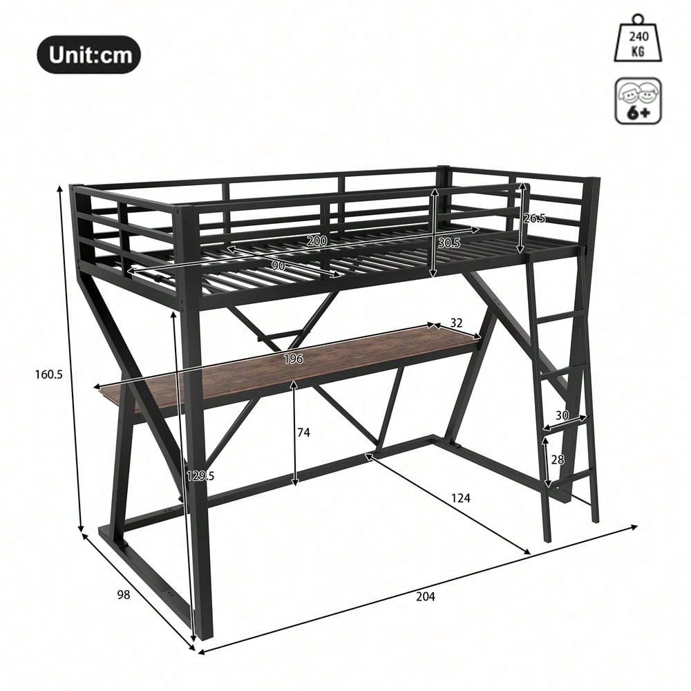 Hochbett, 90 x 200cm, Eisenrahmen, LED-Leiste, Geländer, Treppe, Schreibtisch, ohne Matratze, schwarz