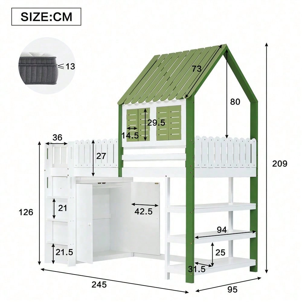 Hochbett, Kinderbett mit Fallschutzgitter, Mit Dach und Fenster , Reichlich Stauraum mit Kleiderschrank, Dreischichtiges offenes Lagerregal, Dreistufige Leiter, Kiefer+MDF+Sperrholz, Weiß+Grün, 90x200