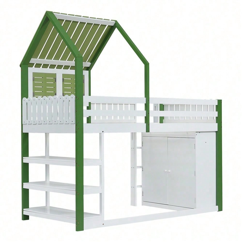 Hochbett, Kinderbett mit Fallschutzgitter, Mit Dach und Fenster , Reichlich Stauraum mit Kleiderschrank, Dreischichtiges offenes Lagerregal, Dreistufige Leiter, Kiefer+MDF+Sperrholz, Weiß+Grün, 90x200