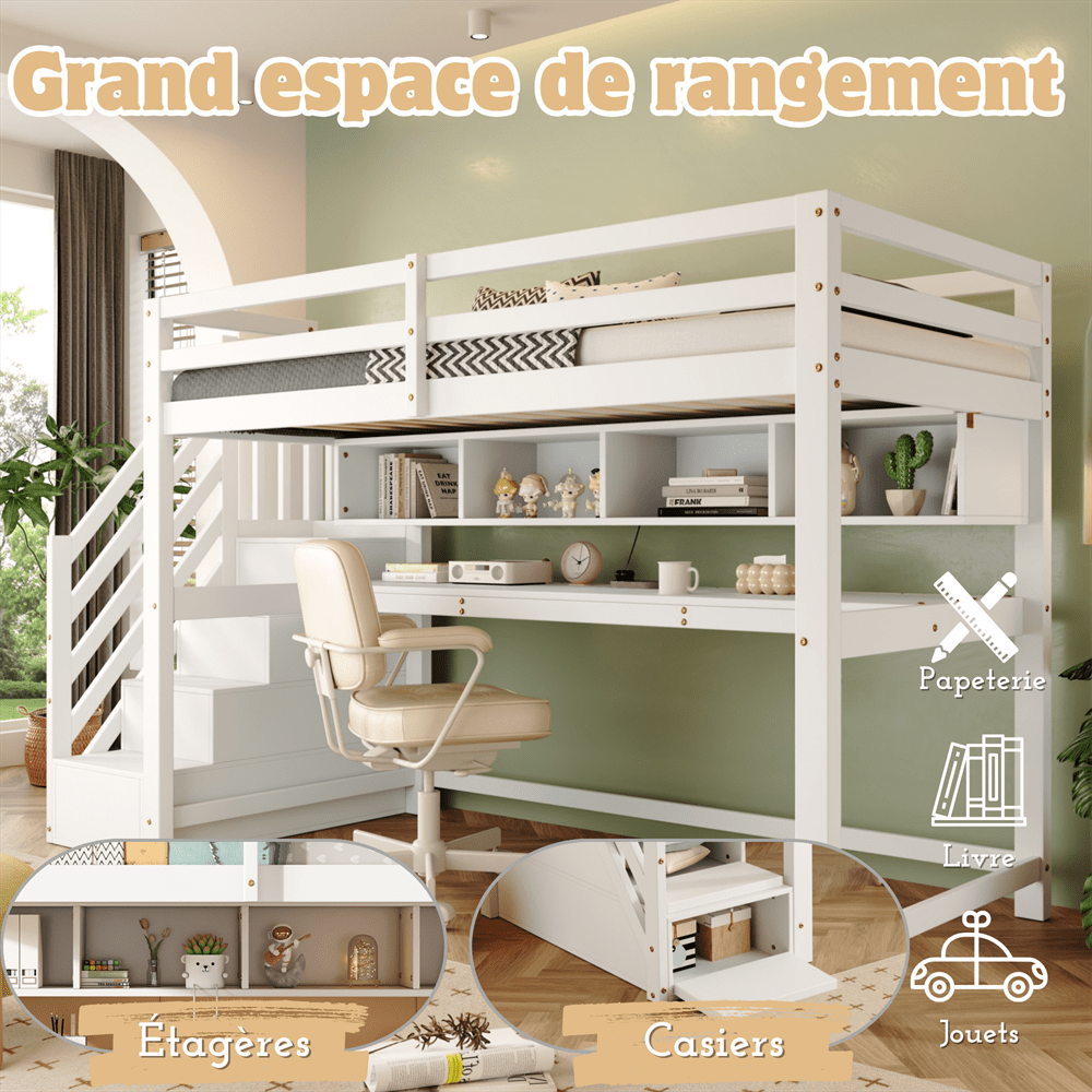 Kinderhochbett mit Stauraumtreppe 90*200cm, Massivholz+MDF, Etagenbett, Kinderbett mit großen Schreibtisch und Regalen,