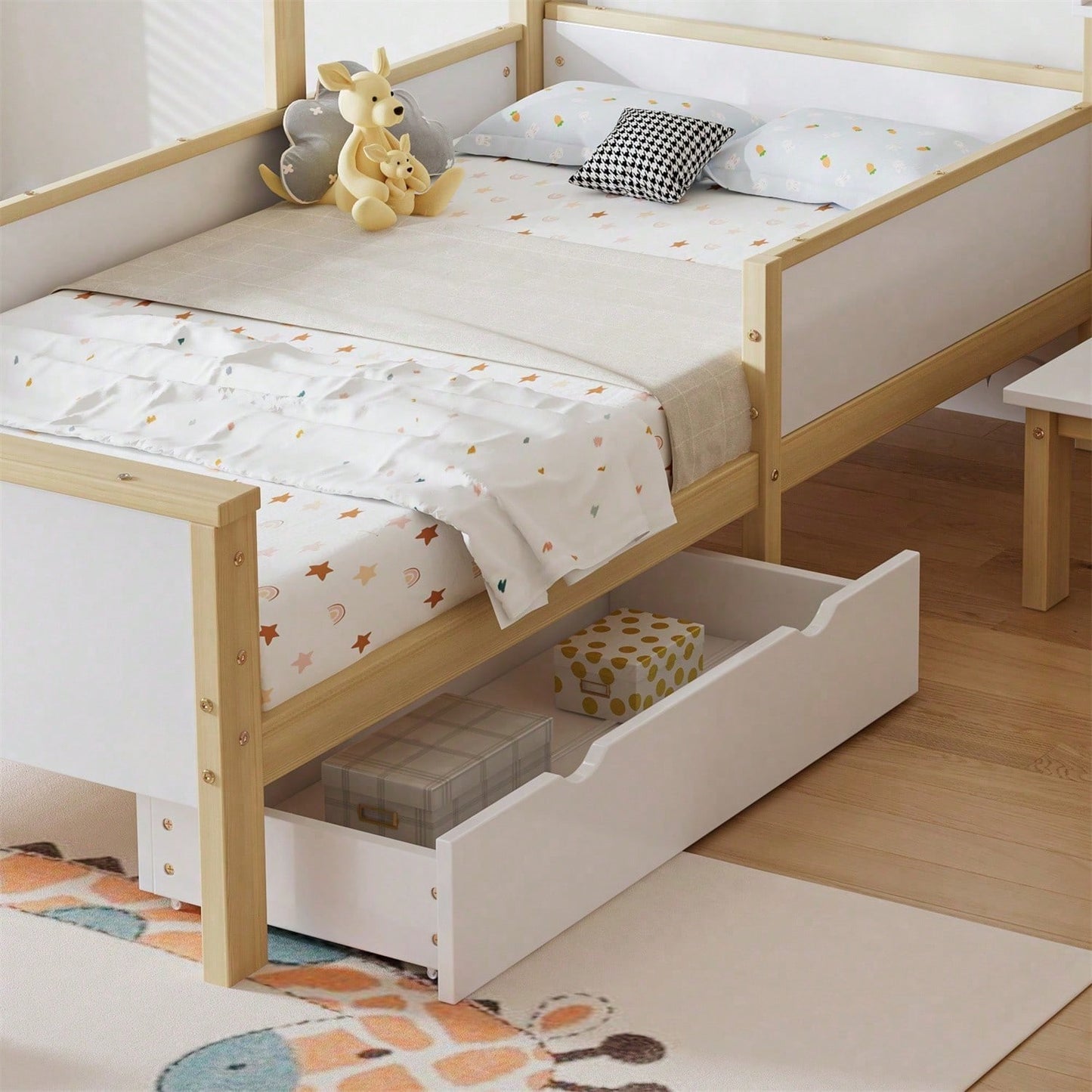 Kinderbett Hausbett mit Schubladen und Regalen, mit Tisch und Hocker, Massivholz mit Schutzplatte und Lattenroste, L-Struktur, Weiß+Natur, Kiefer+MDF+Mehrschichtplatte, 90x200cm