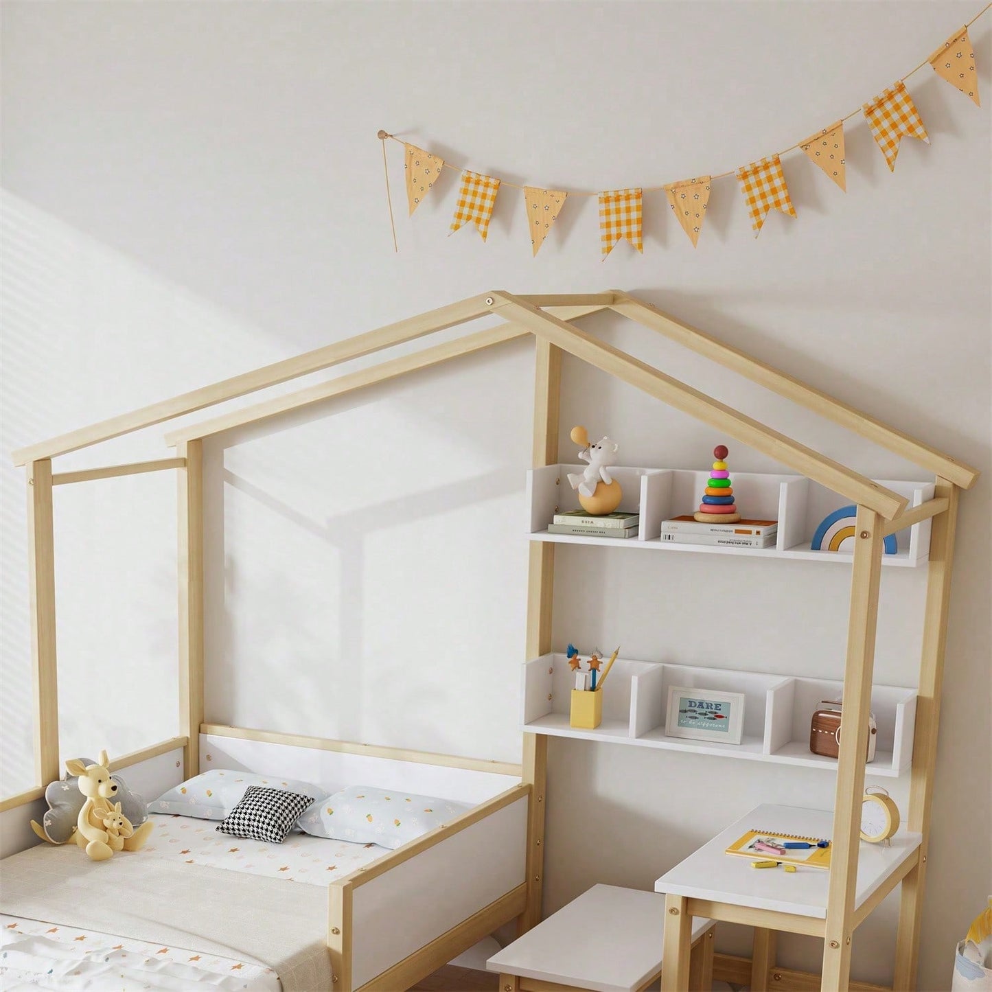 Kinderbett Hausbett mit Schubladen und Regalen, mit Tisch und Hocker, Massivholz mit Schutzplatte und Lattenroste, L-Struktur, Weiß+Natur, Kiefer+MDF+Mehrschichtplatte, 90x200cm