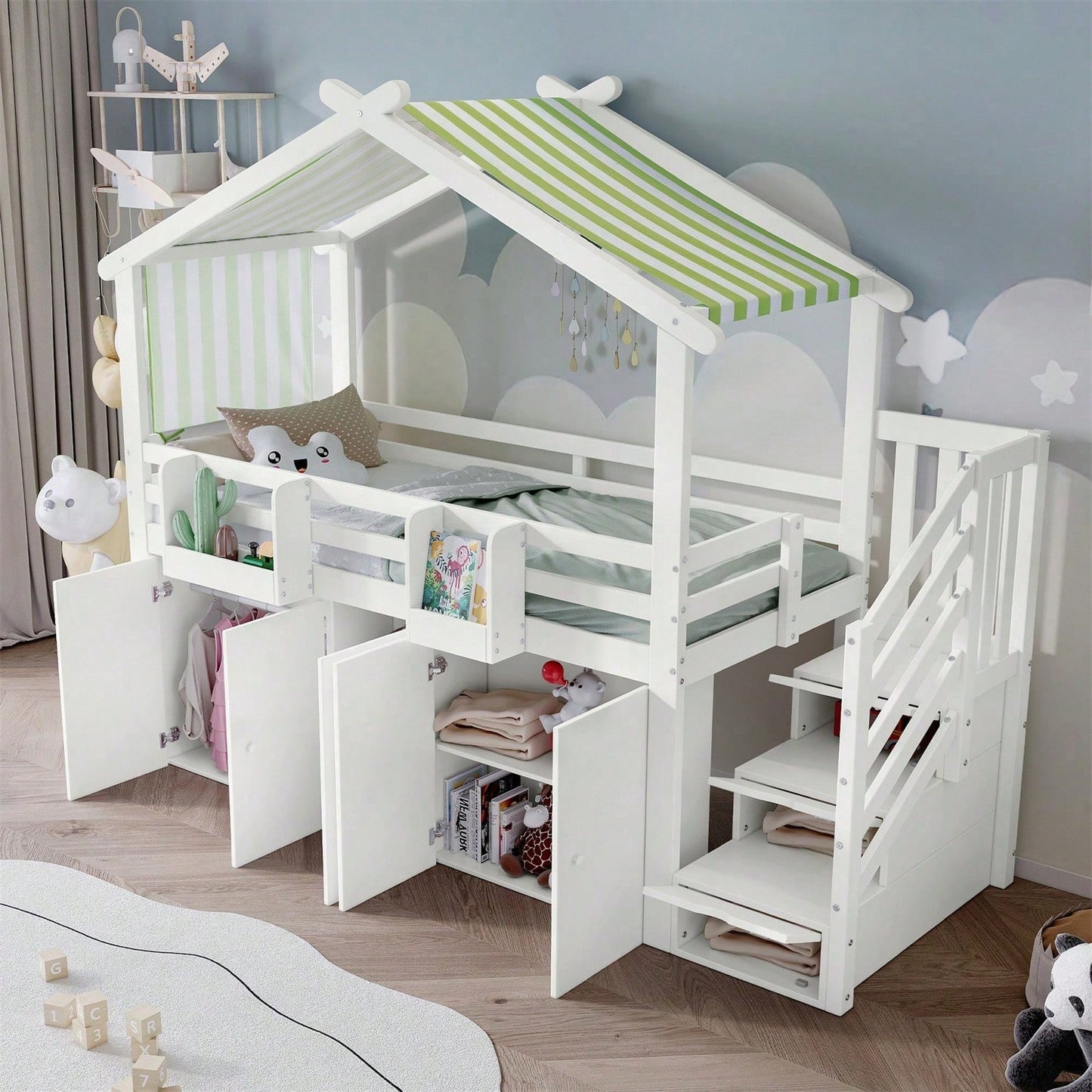 Etagenbett, Kinderbett, mit Fallschutzgitter, 1 Kleiderschrank und 2 Schließfächer, mit 3 Schließfächer in der Treppe, gestreifter Stoff, Kiefer+MDF+Sperrholz, Weiß+Grün, 90x200cm