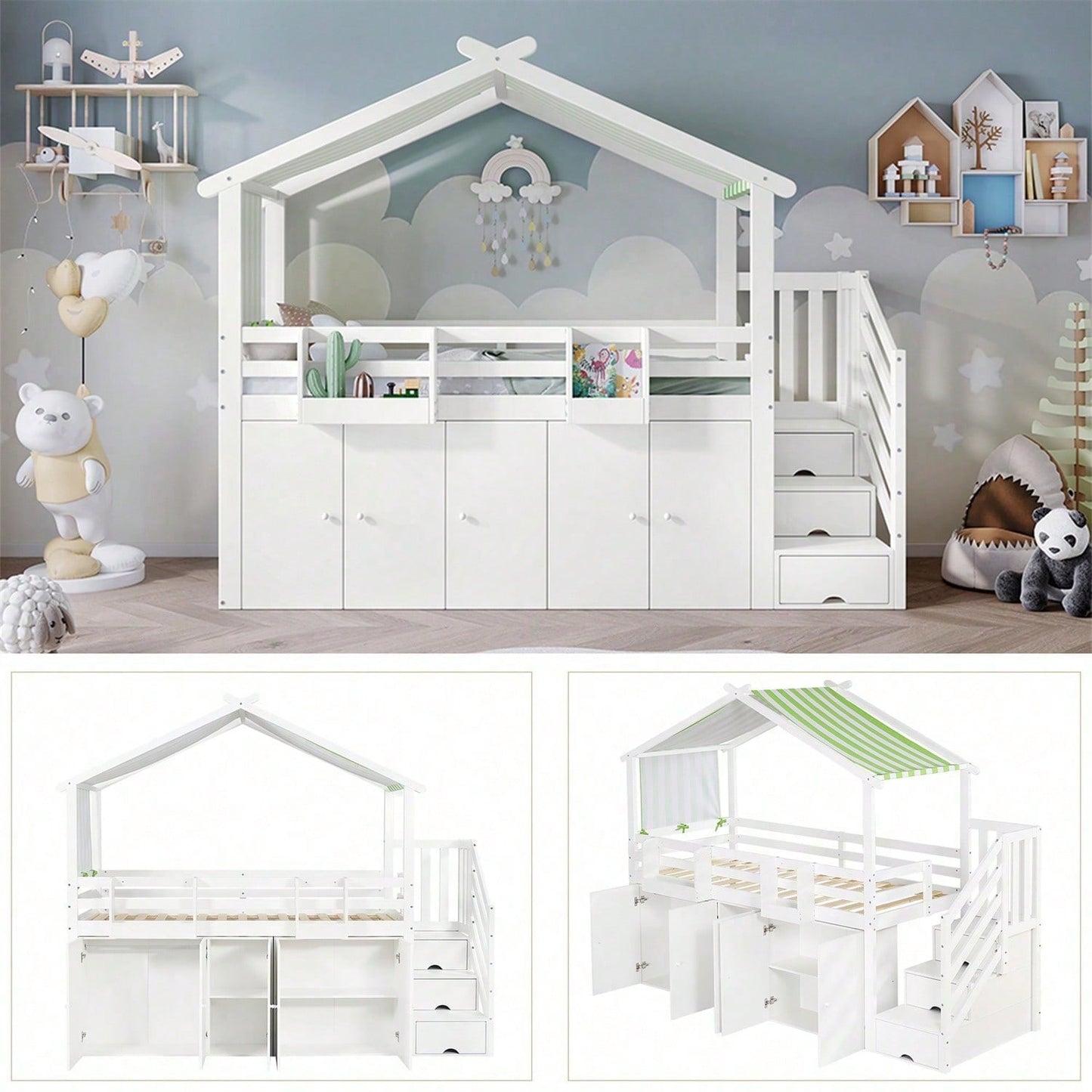 Etagenbett, Kinderbett, mit Fallschutzgitter, 1 Kleiderschrank und 2 Schließfächer, mit 3 Schließfächer in der Treppe, gestreifter Stoff, Kiefer+MDF+Sperrholz, Weiß+Grün, 90x200cm