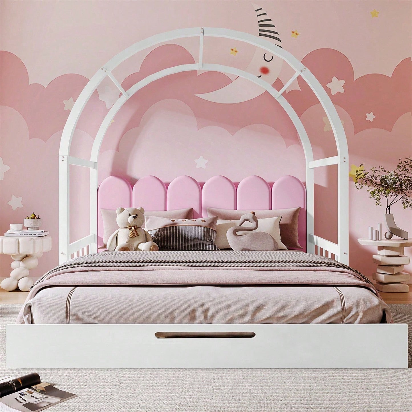 Erweiterbares Gewölbtes Dachbett, Schiebebett, Kinderbett, Tagesbett, Doppelbett, Samtkissen, Rahmen aus Kiefernholz, Weiß+Rosa (140x100cm&140x200cm)