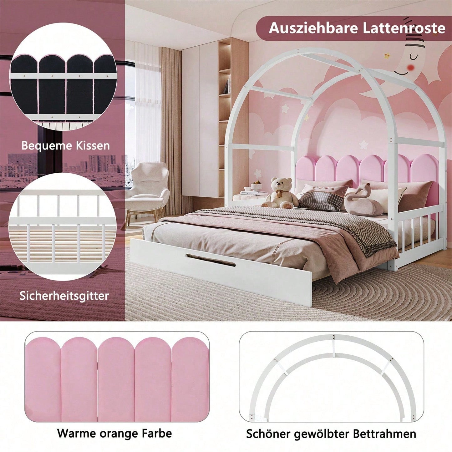 Erweiterbares Gewölbtes Dachbett, Schiebebett, Kinderbett, Tagesbett, Doppelbett, Samtkissen, Rahmen aus Kiefernholz, Weiß+Rosa (140x100cm&140x200cm)