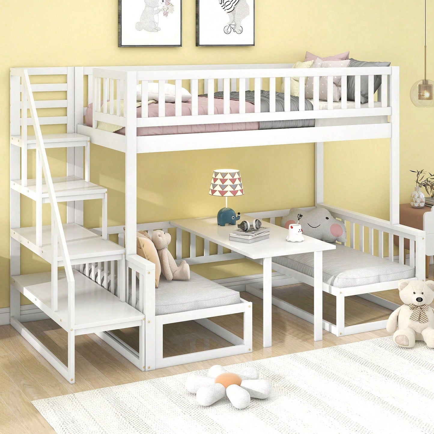 (29946123WAA)Platzsparendes Etagenbett mit Treppe, mit verstellbarem Tisch, mit Holzsofa, Robustes Kieferholzgestell, Weiß (90x200cm&120*200cm)