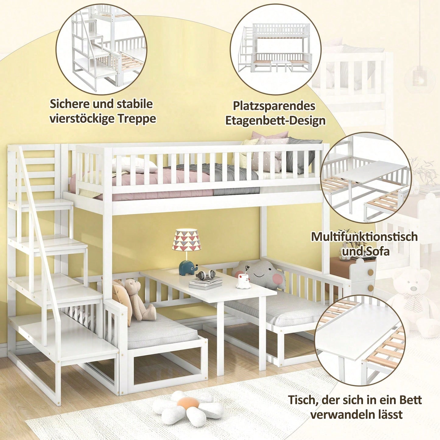 (29946123WAA)Platzsparendes Etagenbett mit Treppe, mit verstellbarem Tisch, mit Holzsofa, Robustes Kieferholzgestell, Weiß (90x200cm&120*200cm)