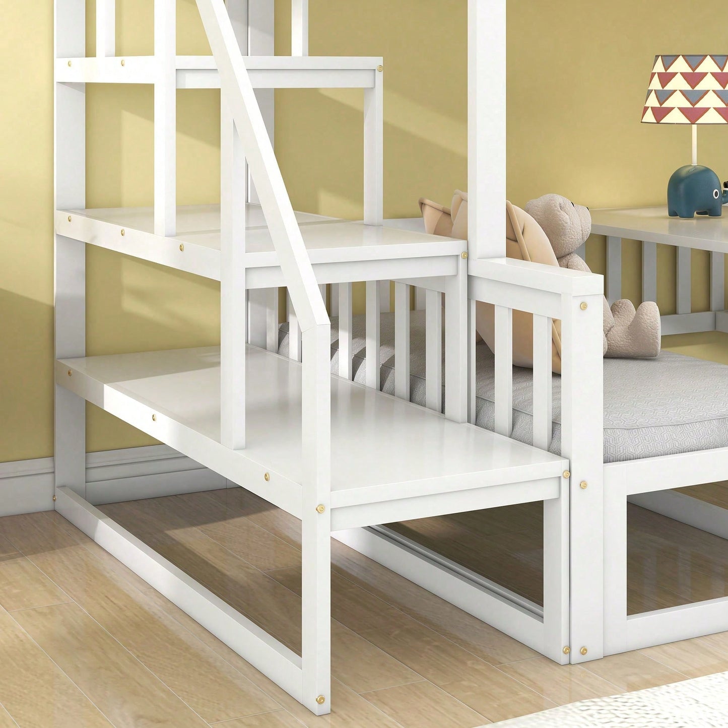 (29946123WAA)Platzsparendes Etagenbett mit Treppe, mit verstellbarem Tisch, mit Holzsofa, Robustes Kieferholzgestell, Weiß (90x200cm&120*200cm)